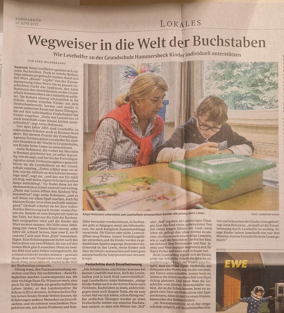 Zeitungsartikel Lesehelfer aus dem Weserkurier